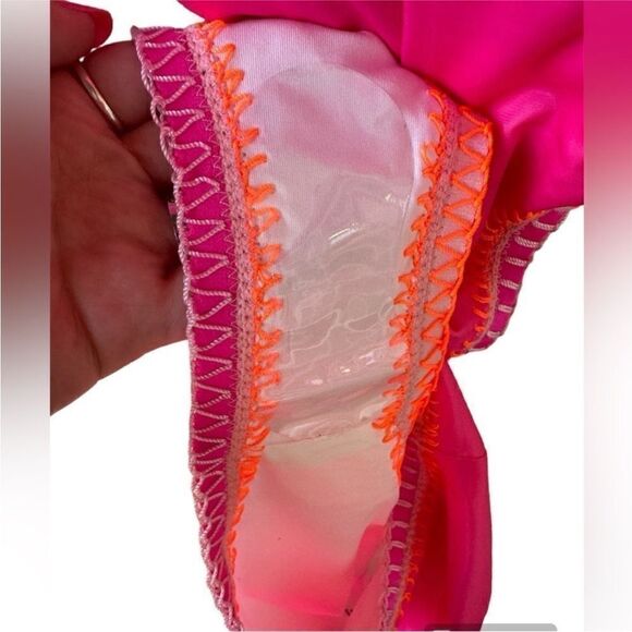 PQ Swim NWT Crochet Trim Halter Neck One Piece Swimsuit in Pink/Orange Size M - Picture 13 of 13